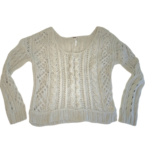 Free People Womens Sweater Medium Cable Knit Chunky Boho Beige Mohair - Picture 1 of 9